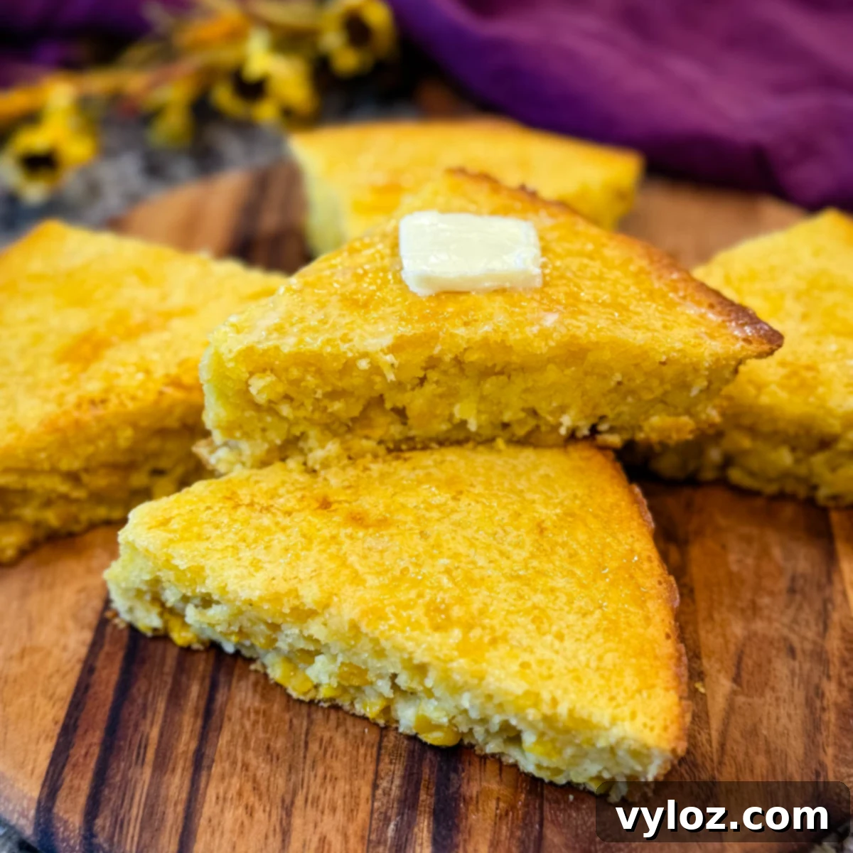 Slices of golden Jiffy corn casserole arranged on a wooden board, topped with a pat of butter, showing moist texture with visible corn kernels.