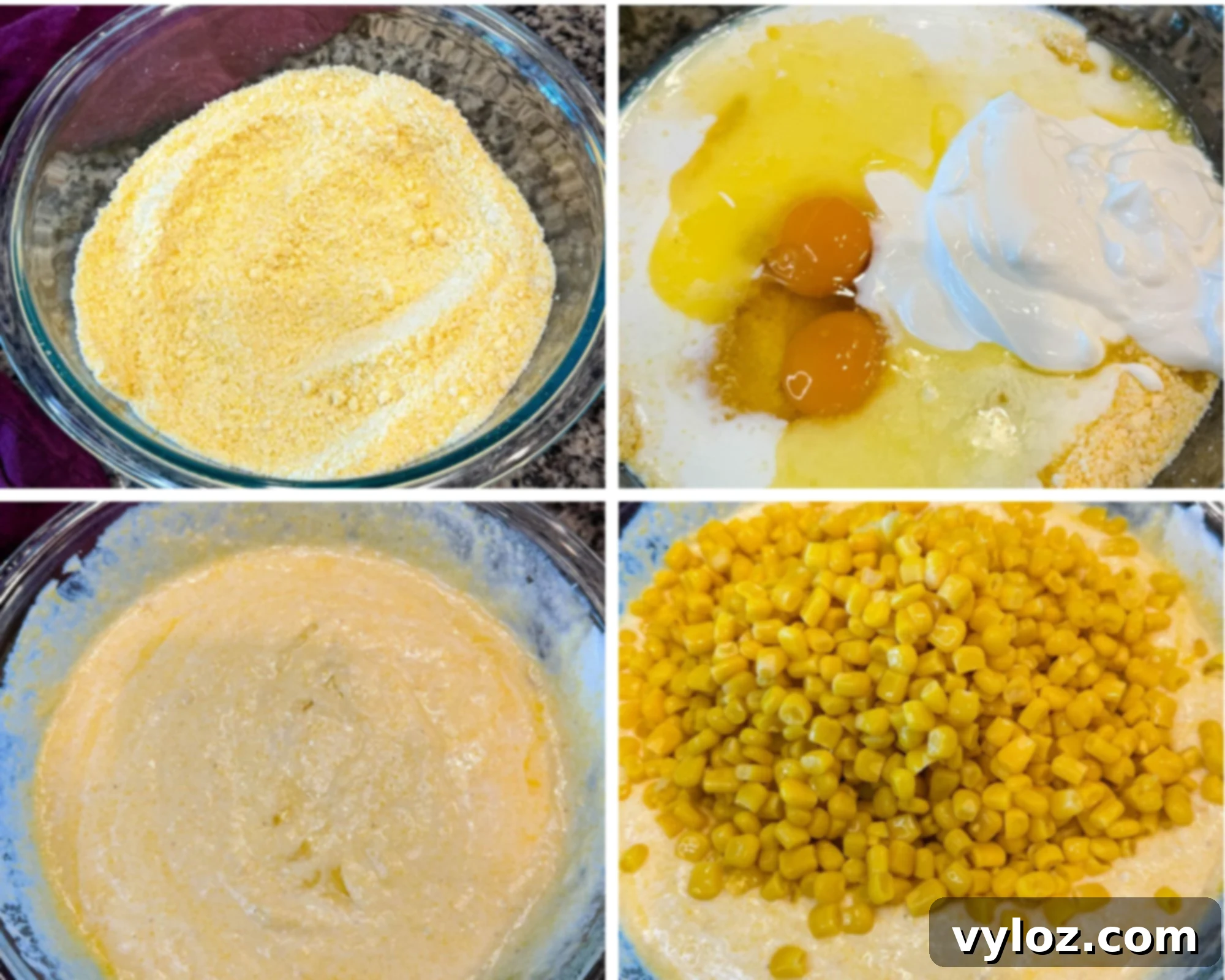 Four-step collage showing the process of making Jiffy corn casserole: dry mix in a bowl, wet ingredients added, mixed batter, and corn kernels added.