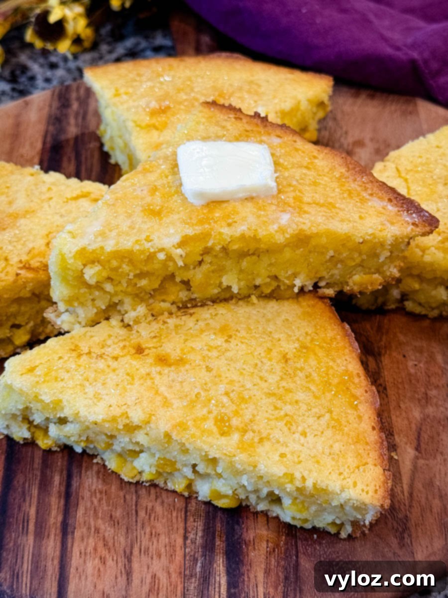 Triangular slices of Jiffy corn casserole stacked on a wooden board with a pat of butter on top, purple cloth and yellow flowers in the background.