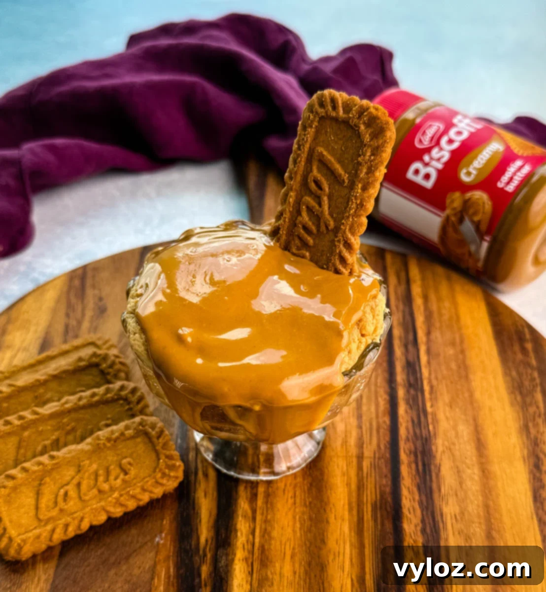 Glass dish of Biscoff protein mug cake topped with melted cookie butter and a Lotus cookie, placed beside a Biscoff spread jar and extra cookies.
