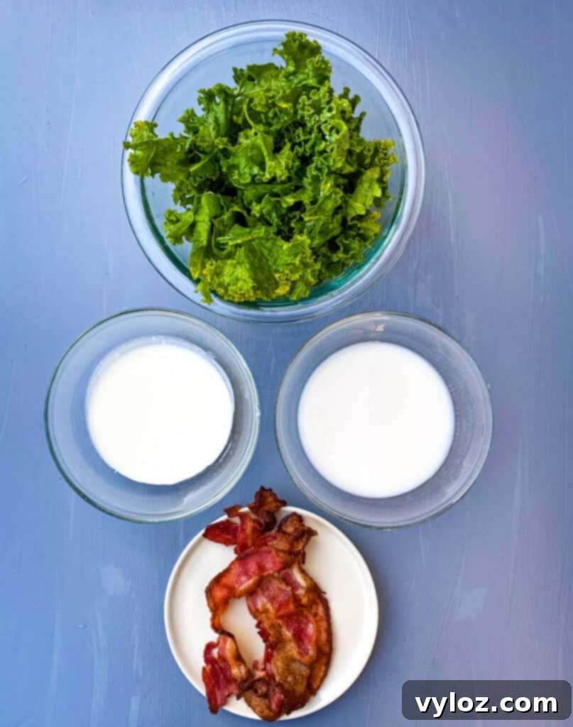 Bowls of fresh kale, cooked bacon, heavy cream, and almond milk, ready to be added to Zuppa Toscana