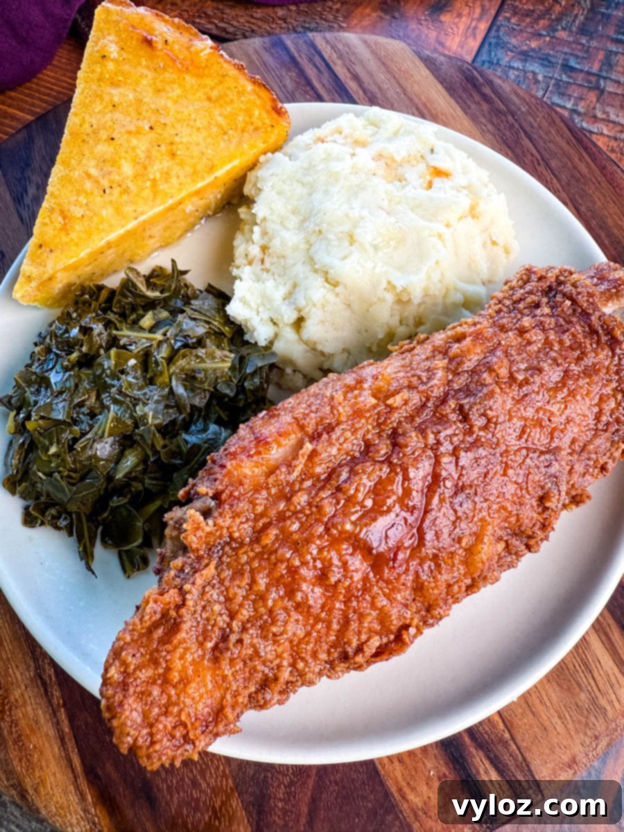 Plate of Southern-style comfort food with a large fried turkey wing, collard greens, mashed potatoes, and a slice of golden cornbread.