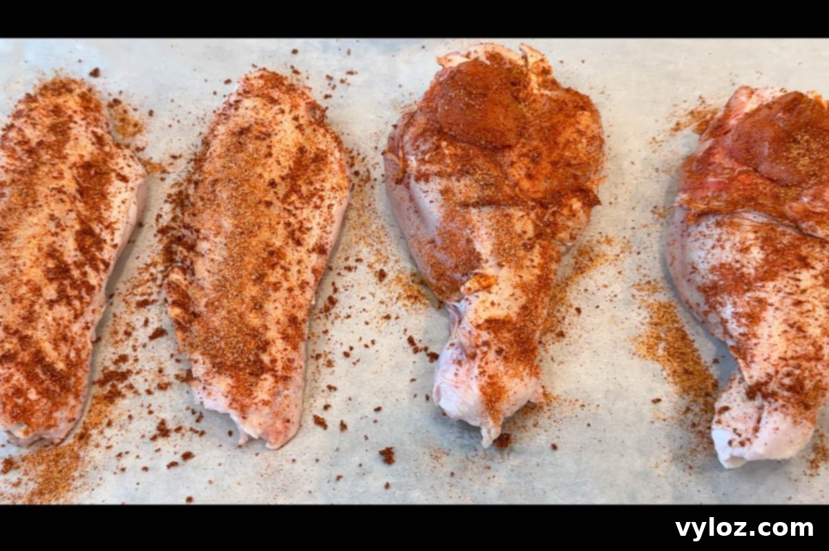 Four raw turkey wings arranged on parchment paper, heavily seasoned with a reddish-brown spice blend.