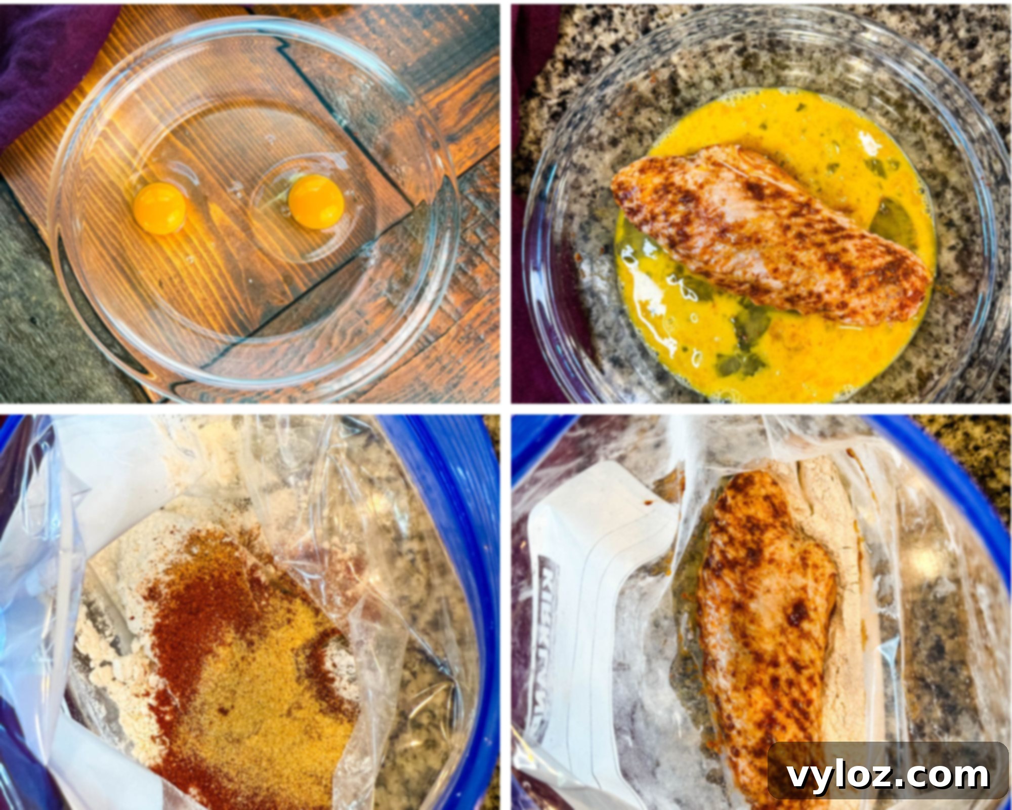 Top left—two raw eggs in a glass bowl; Top right—seasoned turkey wing coated in egg wash; Bottom left—seasoned flour with spices inside a plastic bag; Bottom right—seasoned turkey wing placed into the seasoned flour mixture inside the bag.