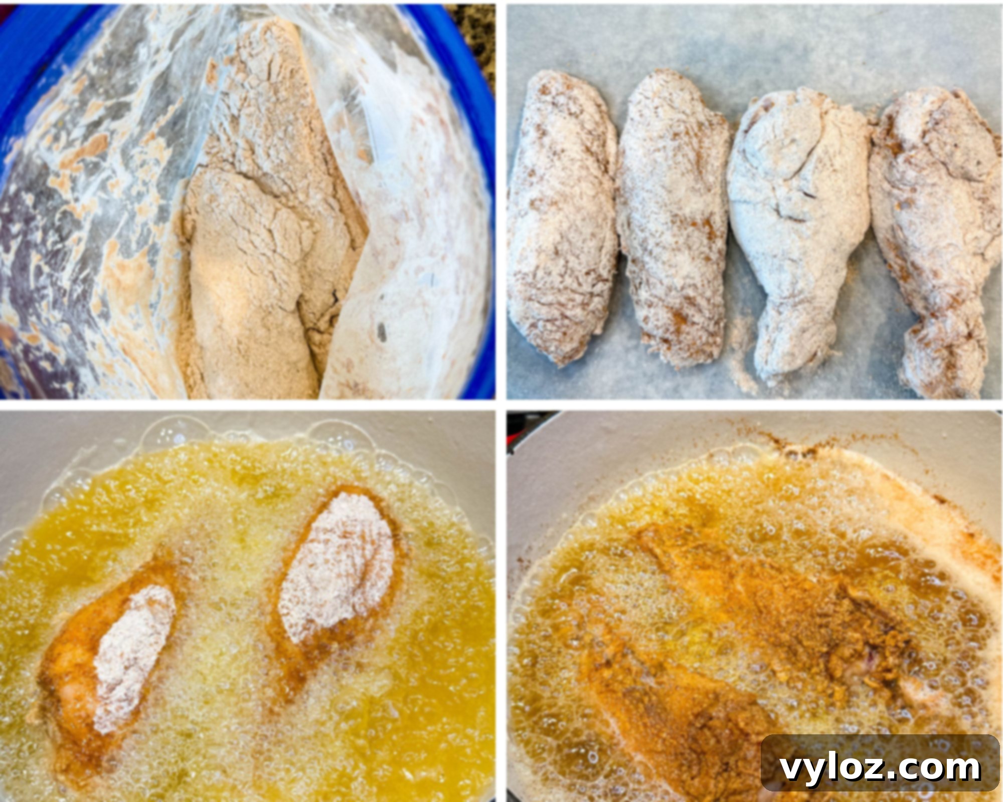 Top left—seasoned turkey wing coated in seasoned flour inside a plastic bag; Top right—four breaded turkey wings resting on parchment paper; Bottom left—two breaded turkey wings frying in bubbling oil; Bottom right—turkey wings mid-fry, golden brown in hot oil.