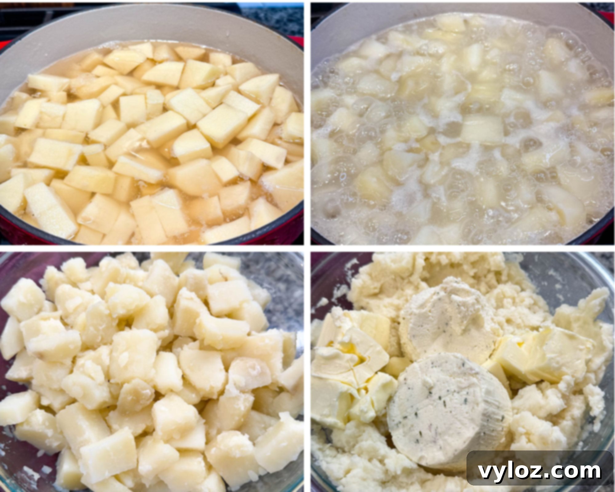 Four-image collage showing the process of making baked mashed potatoes: peeled and cubed potatoes in a pot of water, potatoes boiling, drained cooked potato chunks in a bowl, and potatoes mashed with butter and a round of herbed cheese.