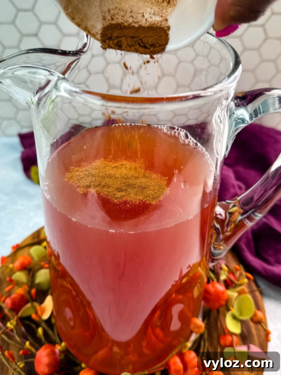 Golden Harvest Punch 5 Bowl of ground cinnamon being sprinkled into a pitcher of punch, creating a warm spiced base for the holiday drink.