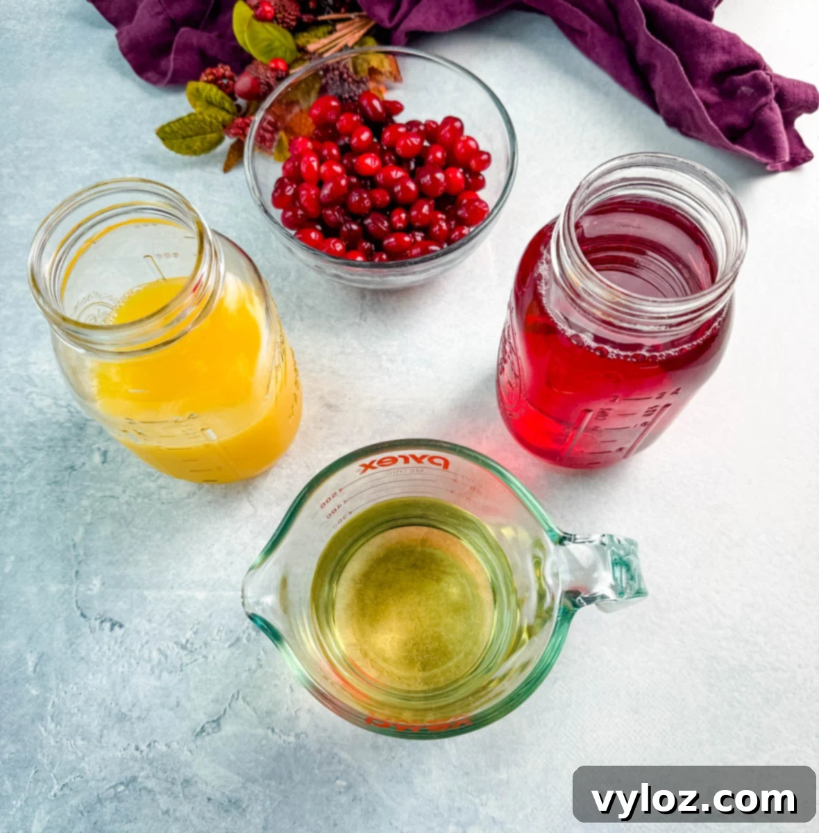 Yuletide Cheer Punch 4 An inviting overhead shot of the key ingredients for Christmas punch: a glass jar of vibrant orange juice, another of rich cranberry juice, a bowl brimming with fresh, ruby-red cranberries, and a measuring cup filled with clear lemon-lime soda, all set for mixing.