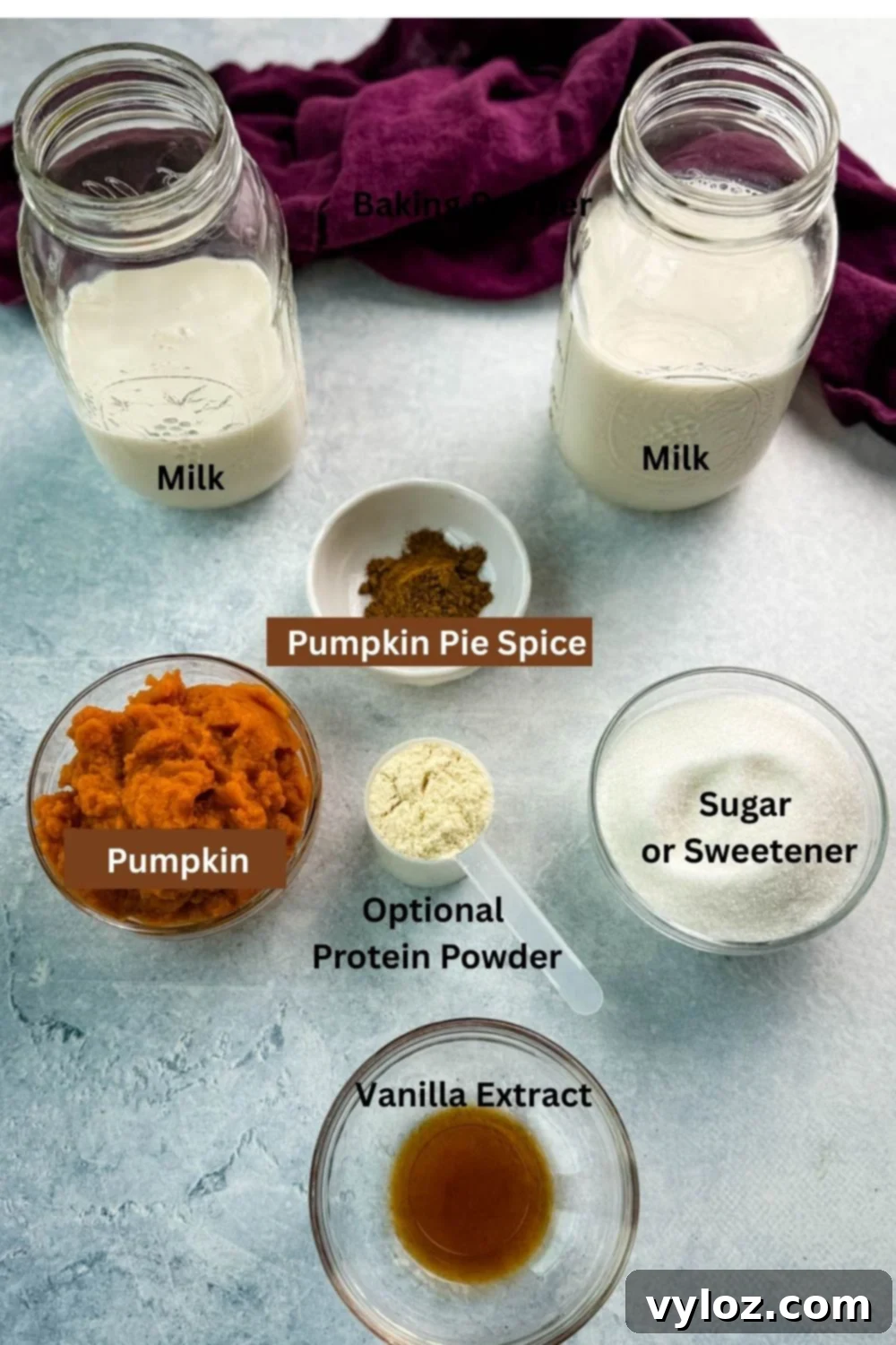 Ninja Slushi's Autumn Spice Elixir 3 Overhead shot of milk, pumpkin puree, pumpkin pie spice, sugar, vanilla extract, and optional protein powder laid out in small bowls and jars on a light surface with a purple cloth.