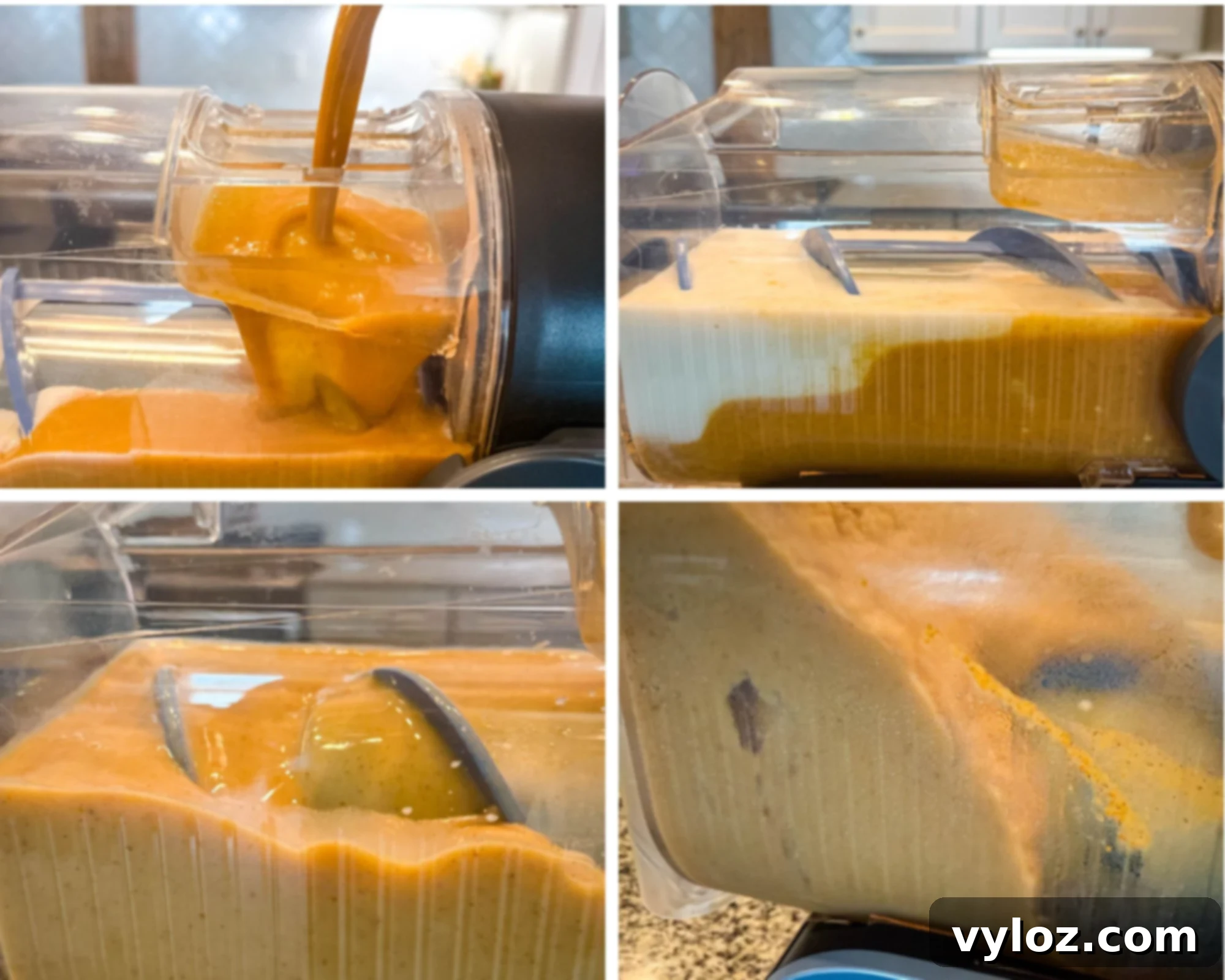 Ninja Slushi's Autumn Spice Elixir 5 A Ninja Slushi machine blending pumpkin spice milkshake, showing pumpkin puree being poured in, mixing with milk, and the thick orange mixture swirling inside the container.