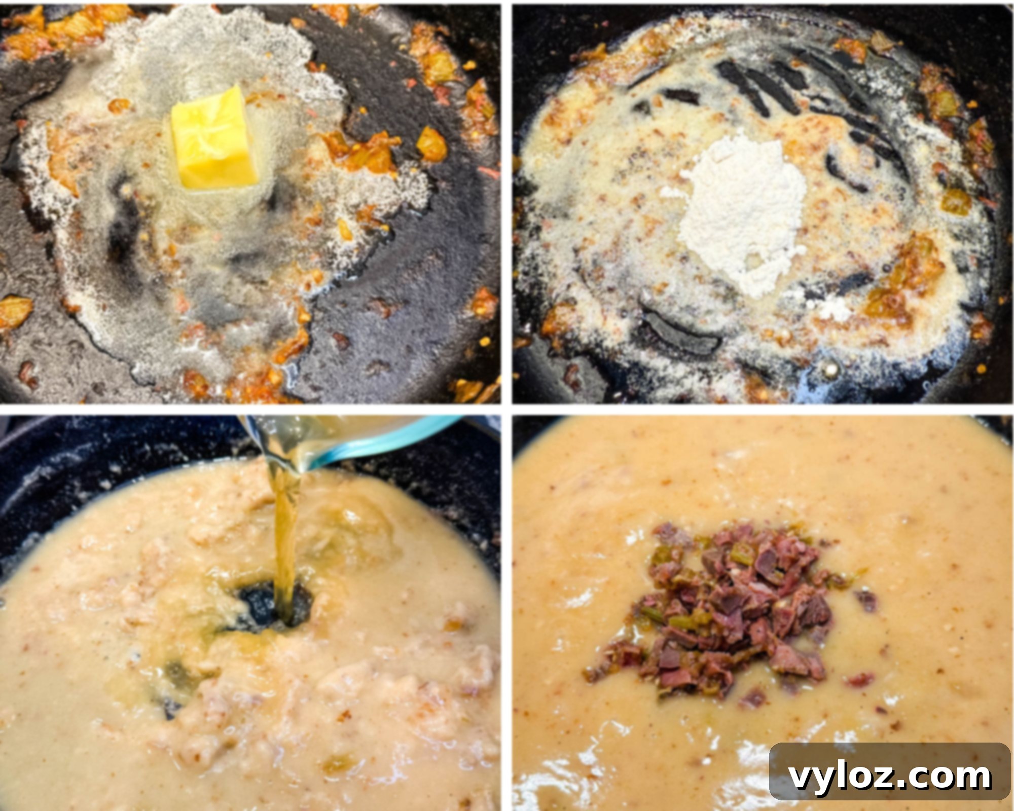 Step-by-step collage showing how to make turkey giblet gravy: a skillet with melted butter, chopped giblets with onions and celery, simmering giblets with broth, and turkey neck cooking in rich seasoned liquid.