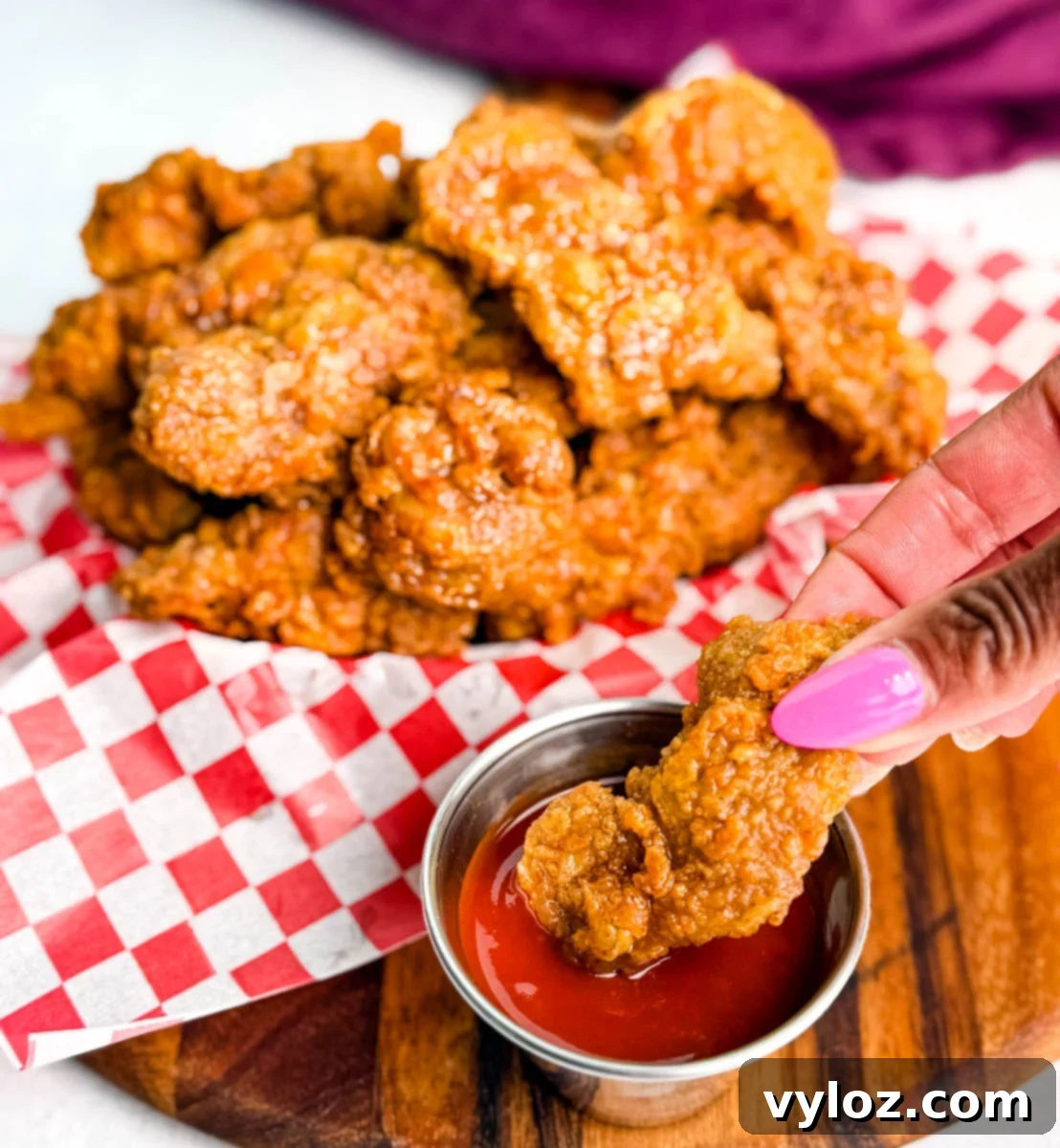 Close-up of a hand dipping a fried chicken gizzard into a small cup of red dipping sauce, with a basket of fried gizzards in the background.