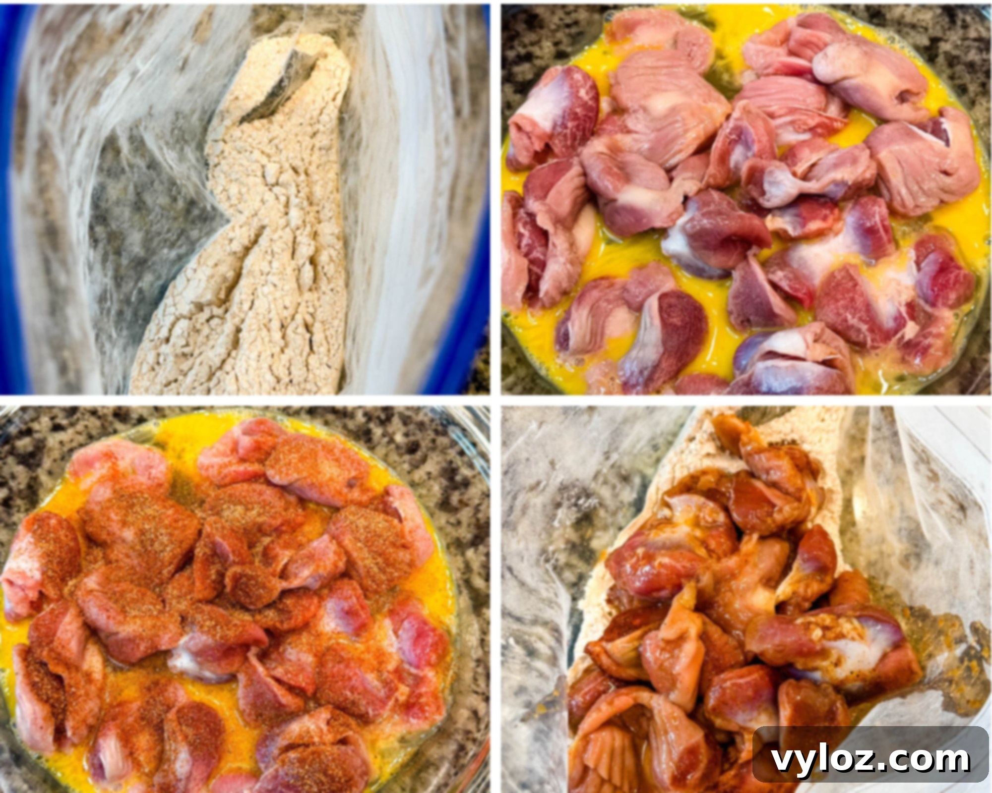 Step-by-step prep collage showing seasoned flour in a bag, raw chicken gizzards dipped in egg wash, gizzards coated with spices, and marinated gizzards being added to flour for dredging.