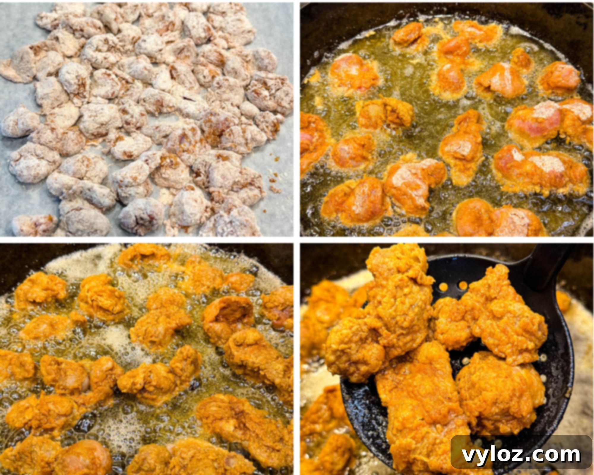 Step-by-step collage showing gizzards coated in flour, frying in hot oil, bubbling as they cook, and a slotted spoon lifting out crispy fried gizzards.