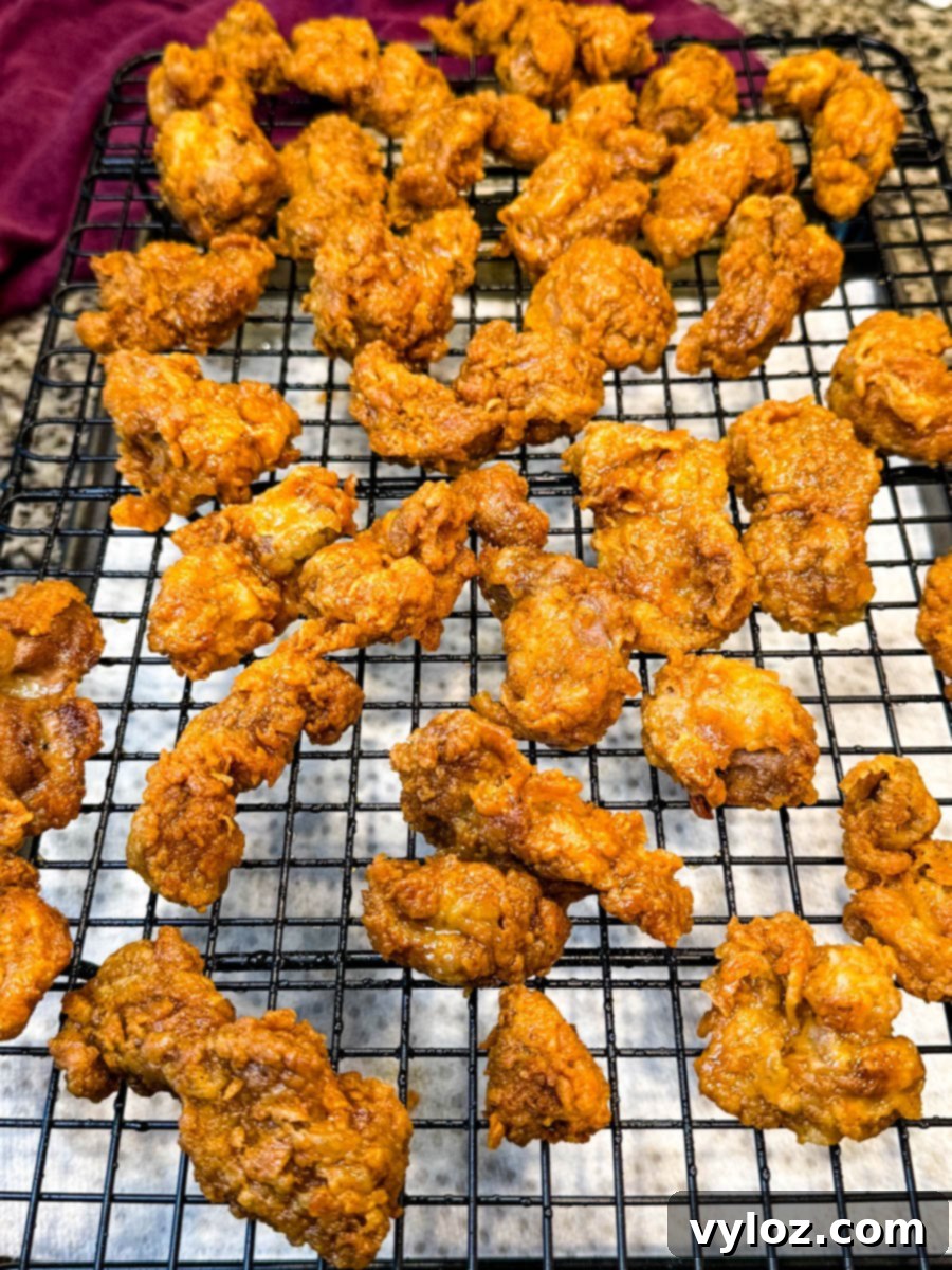Overhead view of several pieces of fried chicken gizzards spread out on a cooling rack.