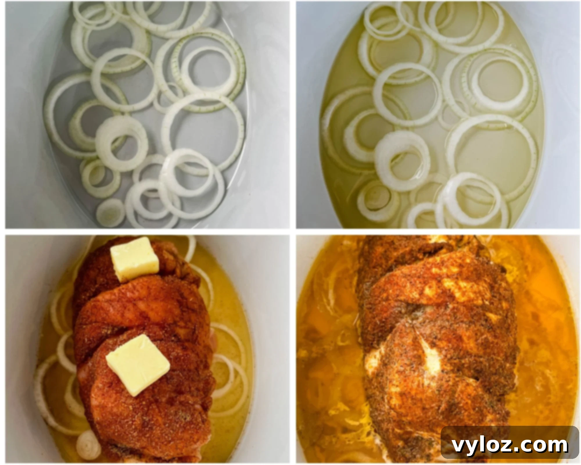 collage photo of 4 photos with onions broth and turkey in a Crockpot