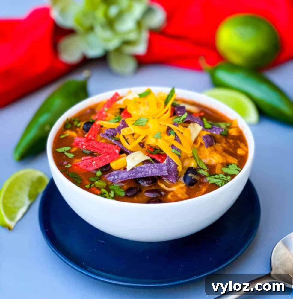 Instant Pot Chicken Tortilla Soup in a white bowl, garnished with fresh cilantro and lime