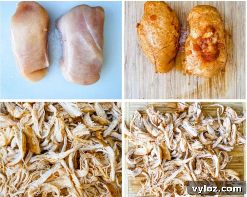 Close-up of shredded chicken in Instant Pot Chicken Tortilla Soup