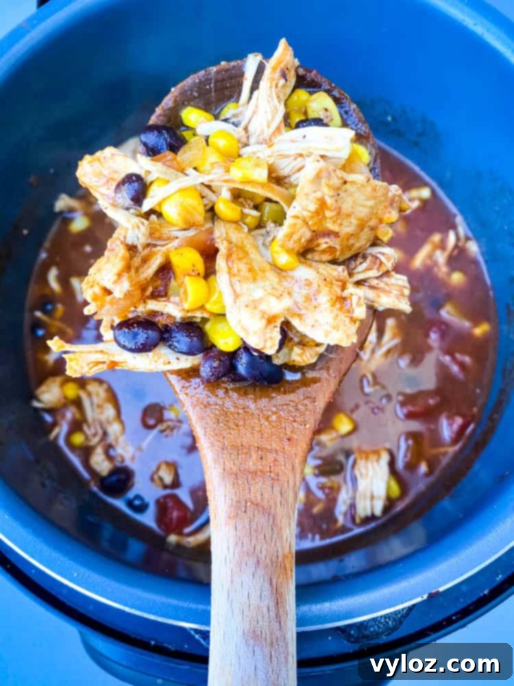 A wooden spoon serving Instant Pot Chicken Tortilla Soup