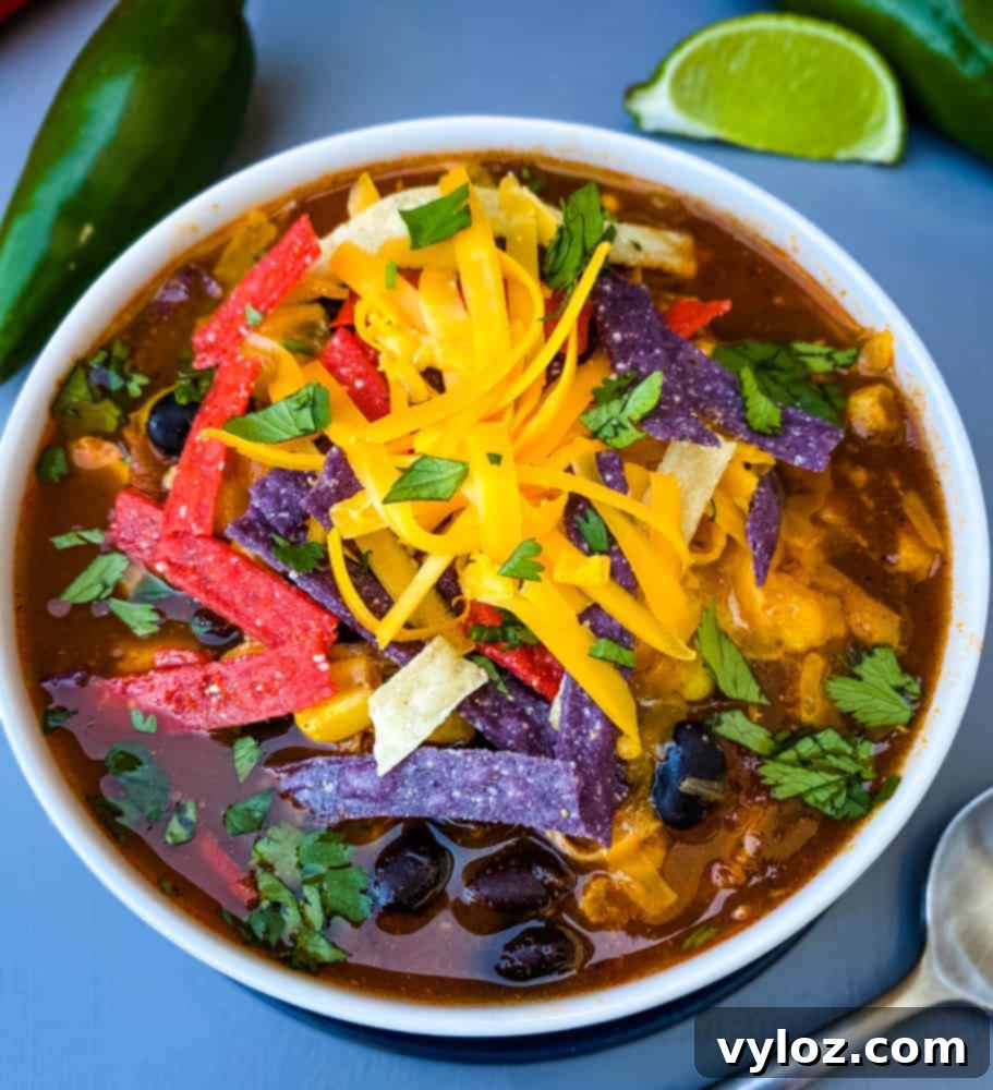 A beautifully presented bowl of Instant Pot Chicken Tortilla Soup with all the toppings