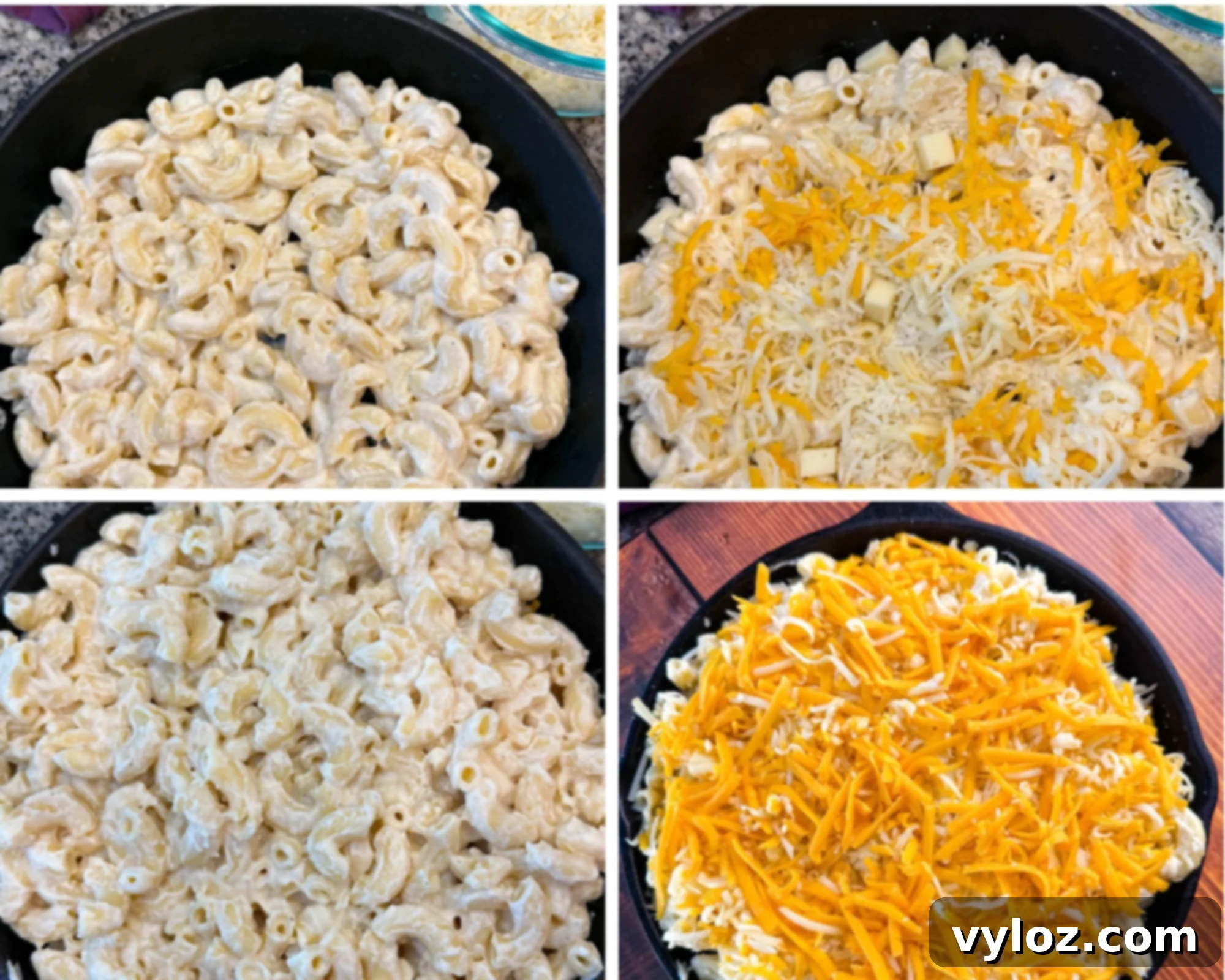 Soulful Golden Baked Macaroni and Cheese 12 Four-step collage of a cast iron skillet with macaroni—plain macaroni first, then topped with shredded and cubed cheese, another layer of macaroni, and finally a topping of shredded cheddar.