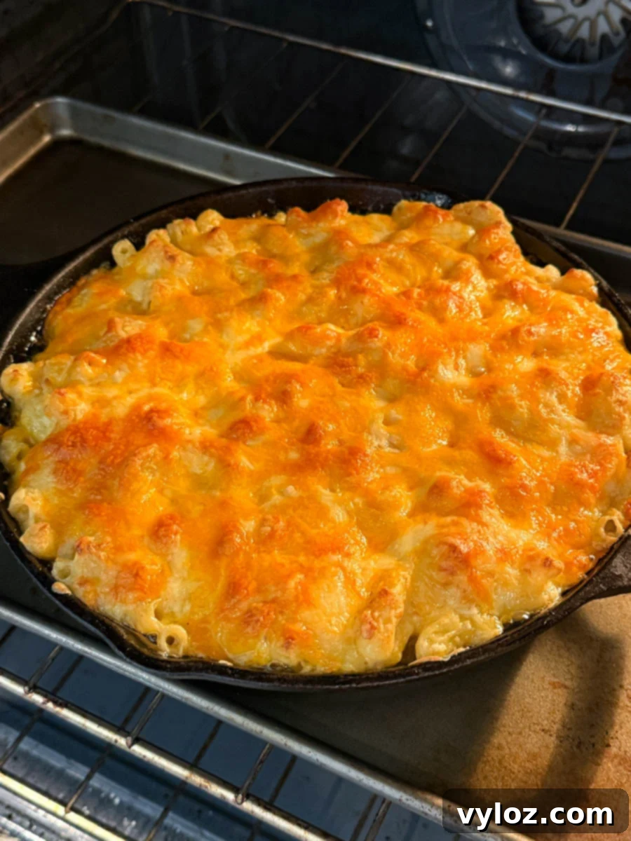 Soulful Golden Baked Macaroni and Cheese 13 Southern soul food baked mac and cheese bubbling in the oven inside a cast iron skillet, with cheese browned and slightly crisp on top.