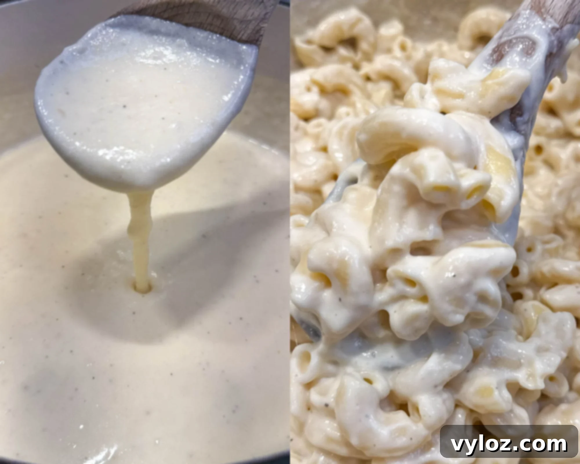Soulful Golden Baked Macaroni and Cheese 10 Split photo showing creamy cheese sauce on a wooden spoon dripping back into a pot, and cooked elbow macaroni coated in thick cheese sauce.