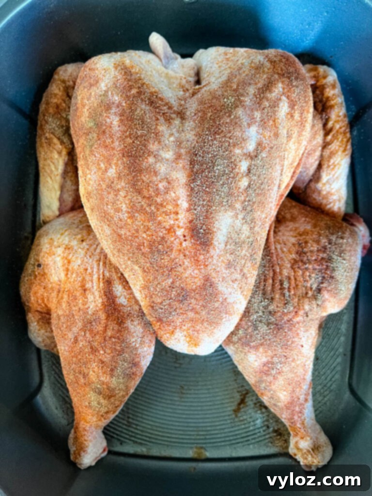 Crispy Skin, Juicy Spatchcock Turkey 6 raw seasoned spatchcocked turkey in a pan