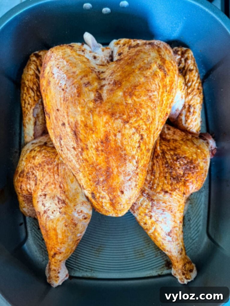 Crispy Skin, Juicy Spatchcock Turkey 8 raw seasoned spatchcocked turkey in a pan