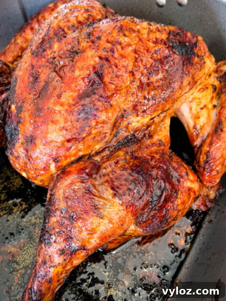 Crispy Skin, Juicy Spatchcock Turkey 9 roasted spatchcocked turkey in a pan with drippings