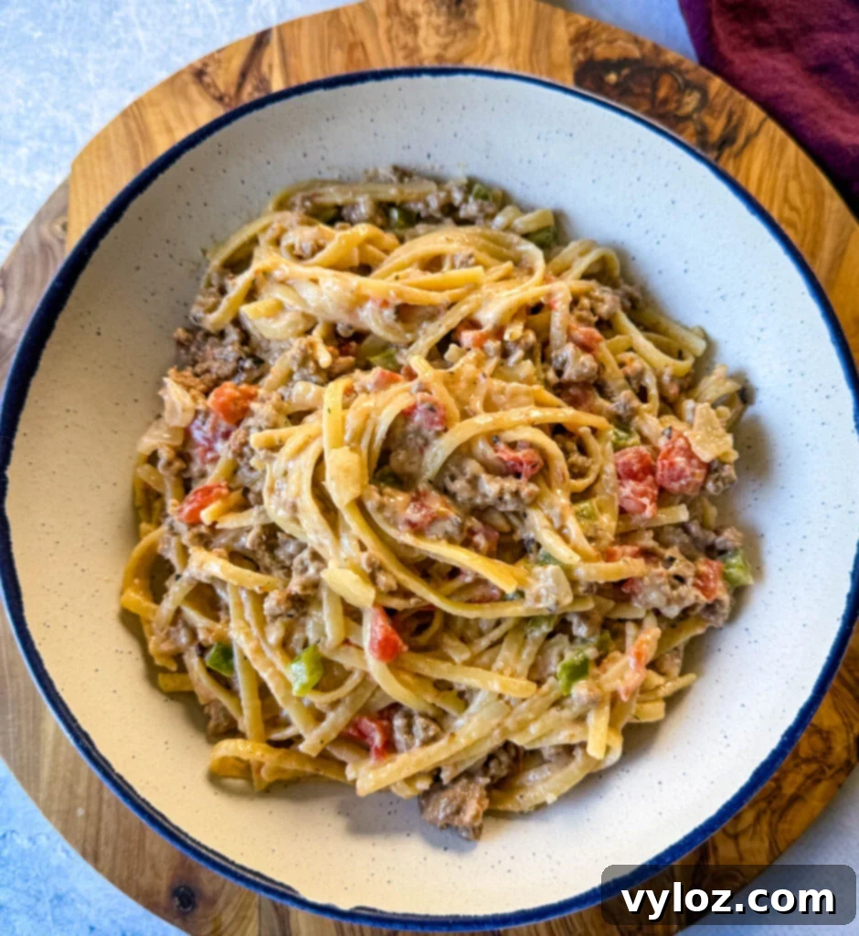 Hearty Ground Beef Alfredo 10 A serving of One-Pot Ground Beef Alfredo Pasta in a white bowl, garnished with fresh herbs.
