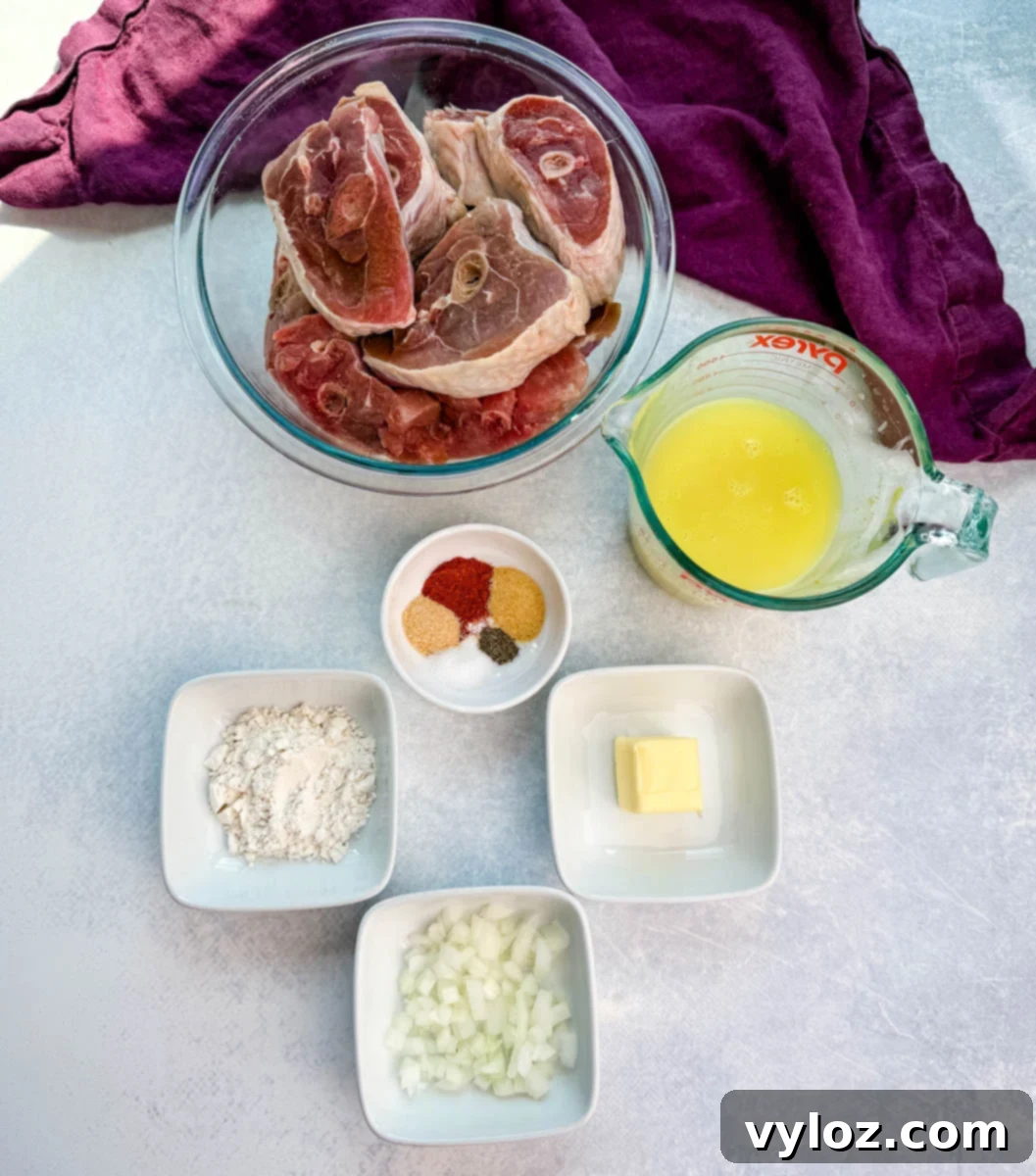Overhead shot of raw turkey chops and recipe ingredients laid out on a counter: chopped onions, butter, flour, spices, chicken broth, and a bowl of raw turkey chops.