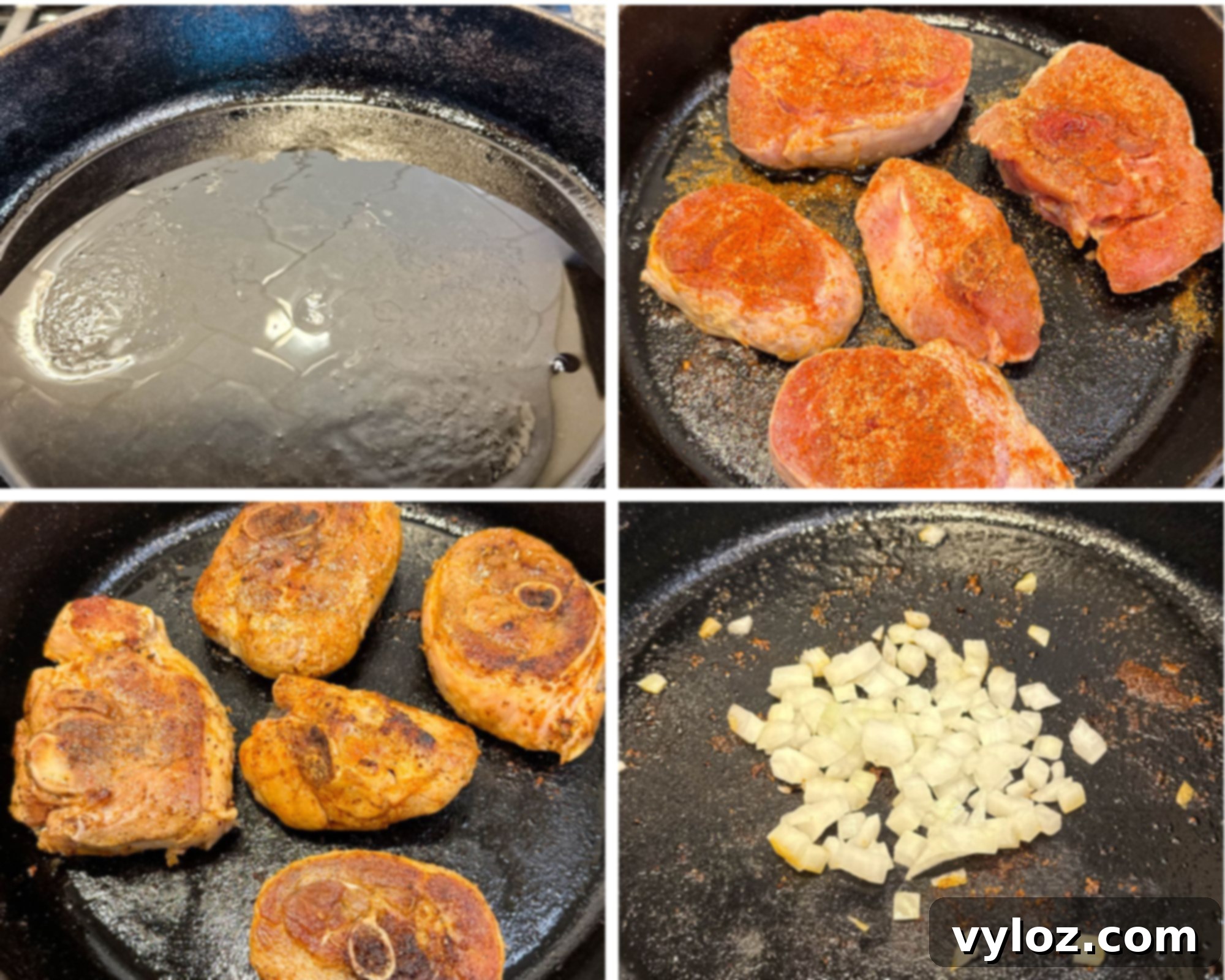 Cast iron skillet with hot oil heating. Seasoned raw turkey chops placed in the skillet. Turkey chops browned and seared on both sides. Chopped onions sautéing in the same skillet with browned bits.