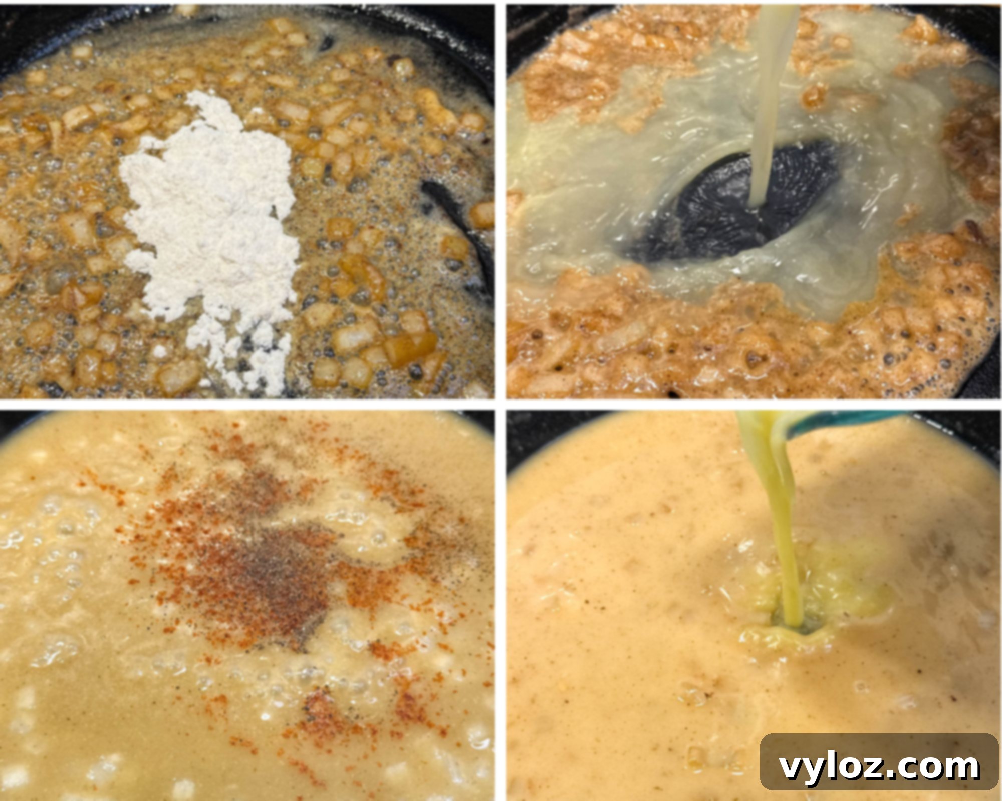 Onions sautéing with flour sprinkled on top to form a roux. Chicken broth being poured into the skillet with the roux. Gravy mixture simmering with visible seasoning like paprika and pepper. More broth being poured in, creating a smooth, golden-brown gravy.