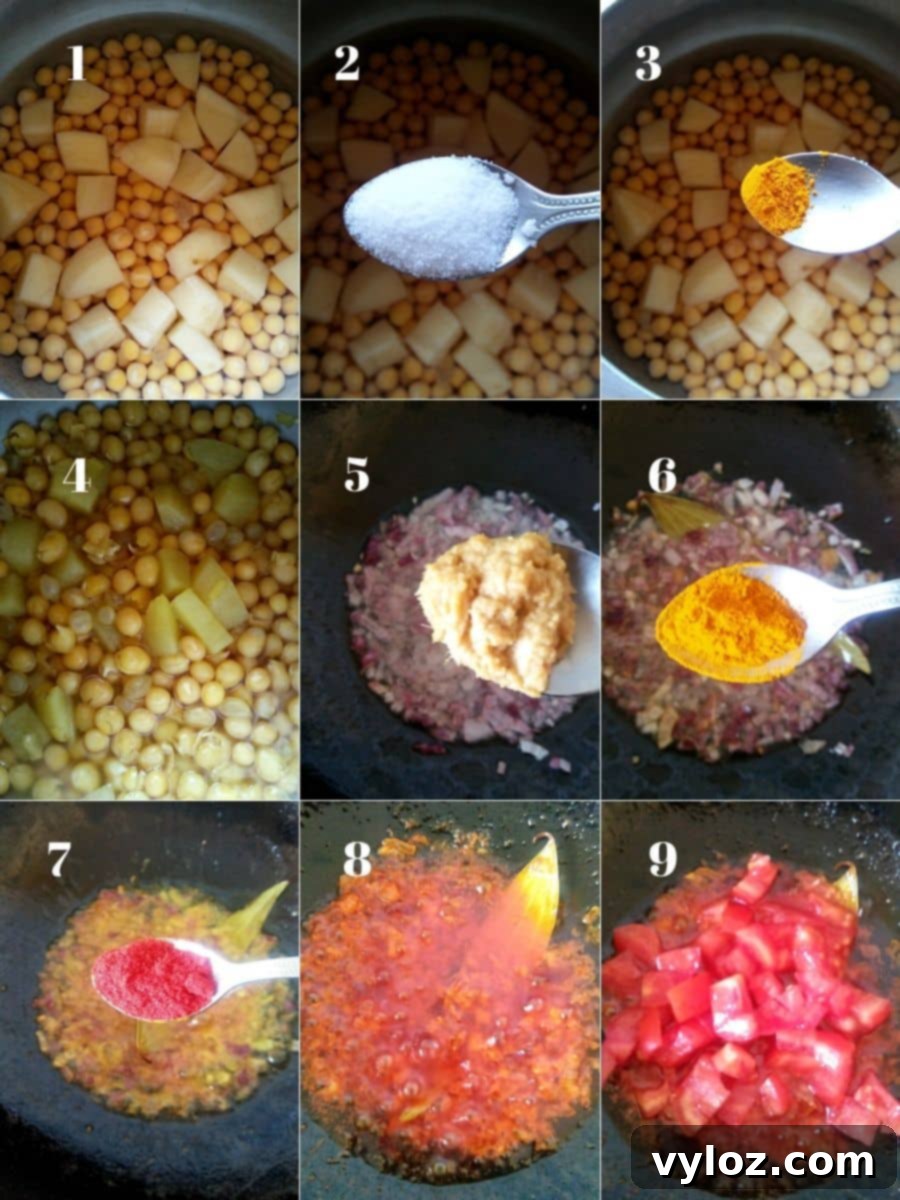 Step-by-step process of making Ghugni, showing ingredients sautéing in a pan