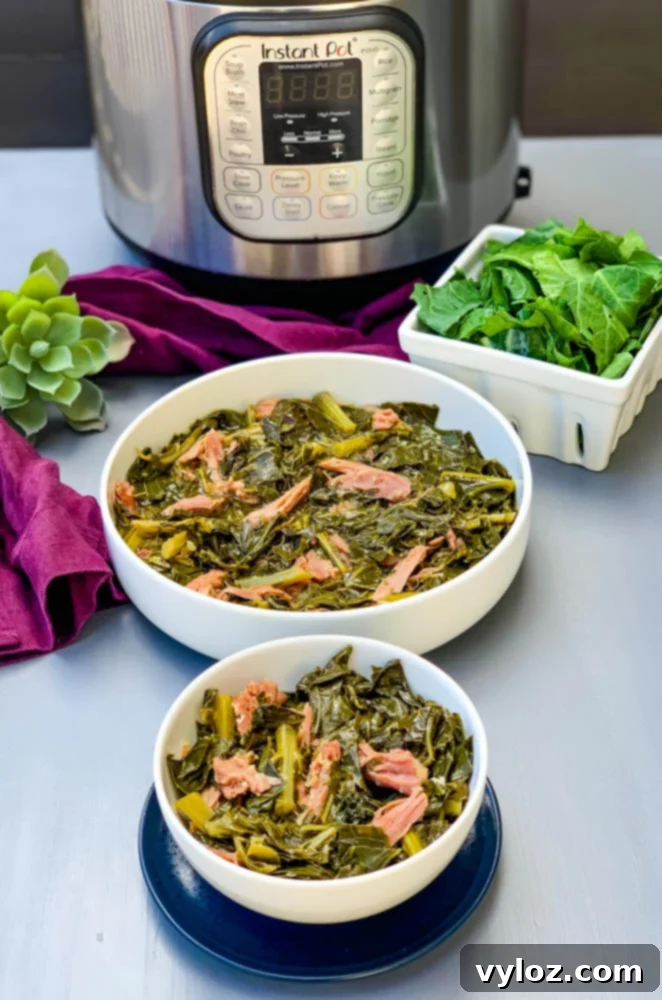 instant pot collard greens in white bowls with smoked turkey with an Instant Pot in back