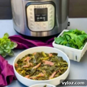instant pot collard greens in white bowls with smoked turkey