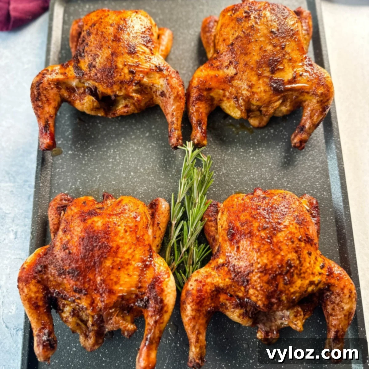 Four golden-brown baked Cornish hens arranged on a black roasting pan, garnished in the center with a sprig of fresh rosemary.
