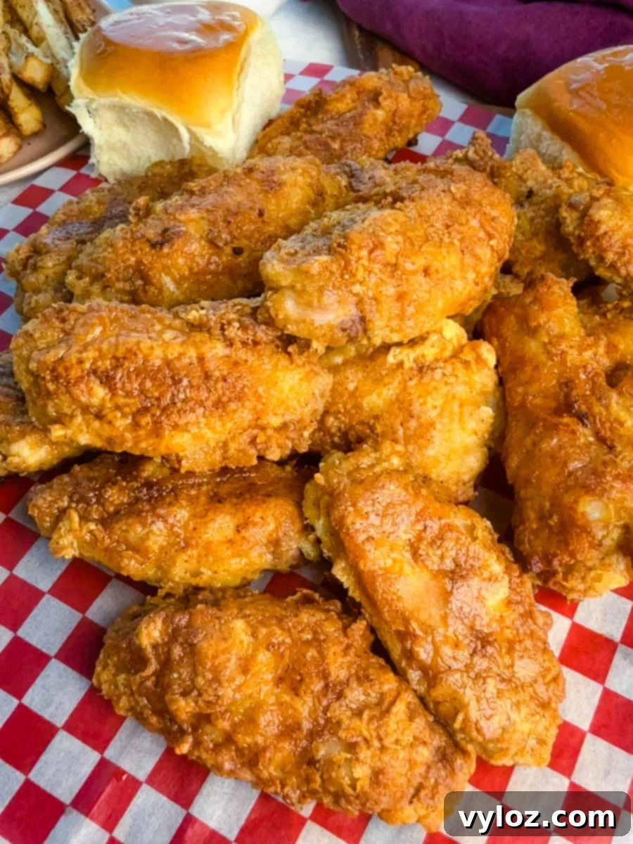 Crispy fried chicken wings stacked high on red-and-white checkered paper with fluffy dinner rolls beside them.