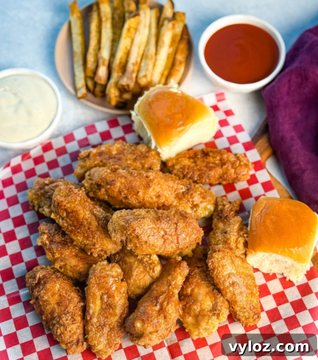 Overhead shot of crispy fried chicken wings on checkered paper, served with dinner rolls, fries, ranch, and buffalo dipping sauce.