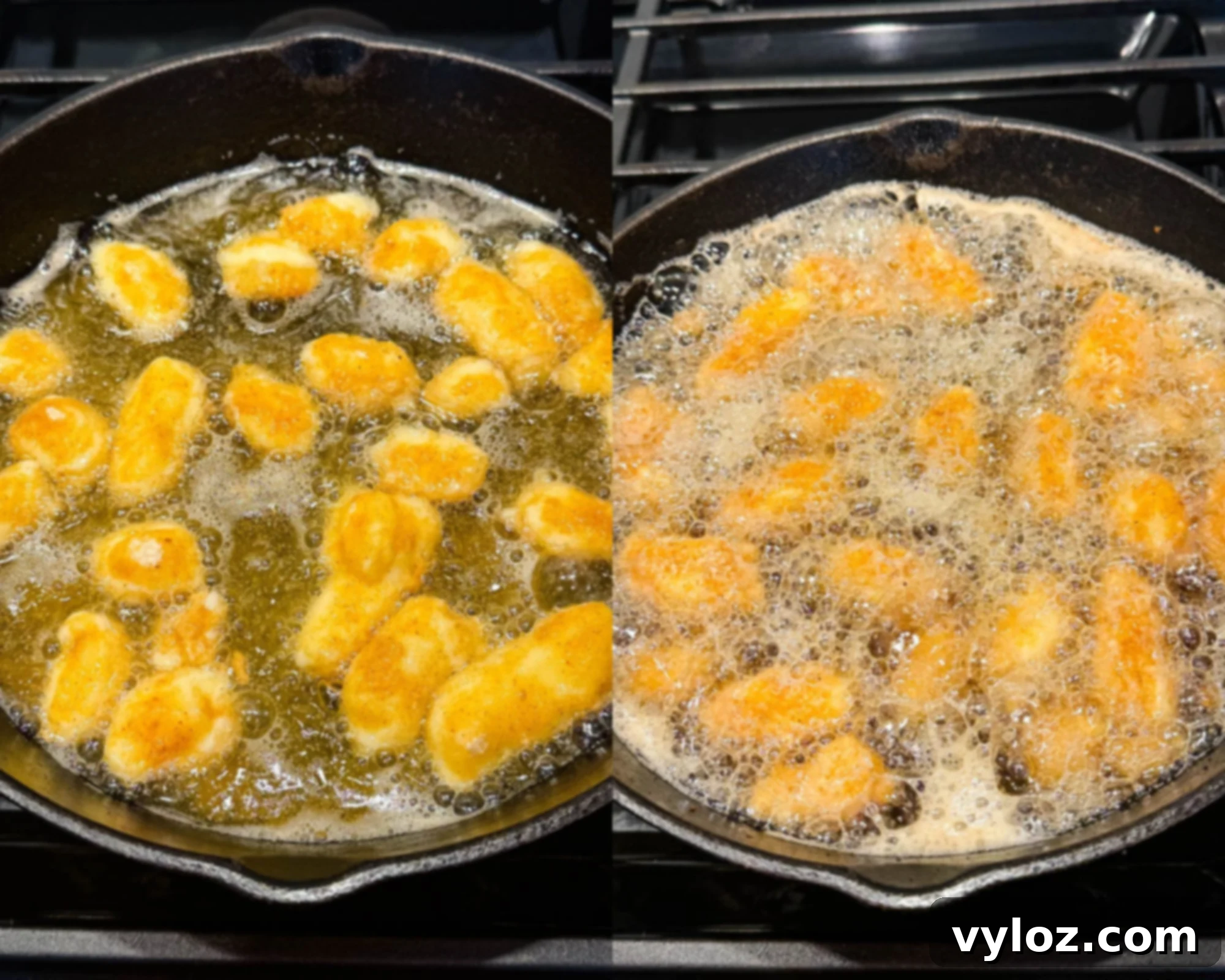Side-by-side photos of cheese curds frying in hot oil inside a cast iron skillet, one showing lightly golden curds and the other bubbling as they crisp up.