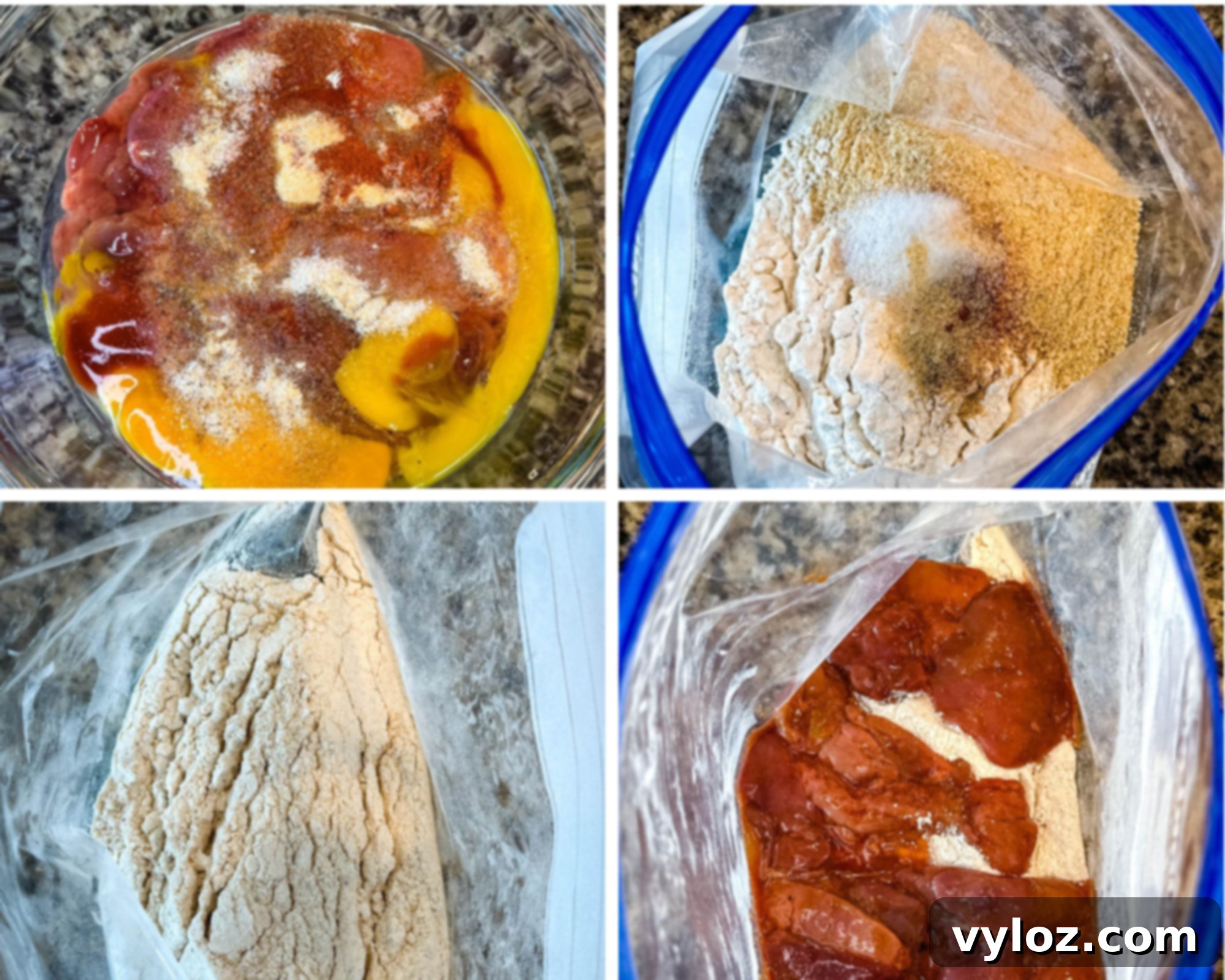 Crispy Fried Chicken Livers 6 Four images: chicken livers mixed with egg and hot sauce, seasoned flour and breadcrumbs in bags, and livers coated in the seasoned flour mix.