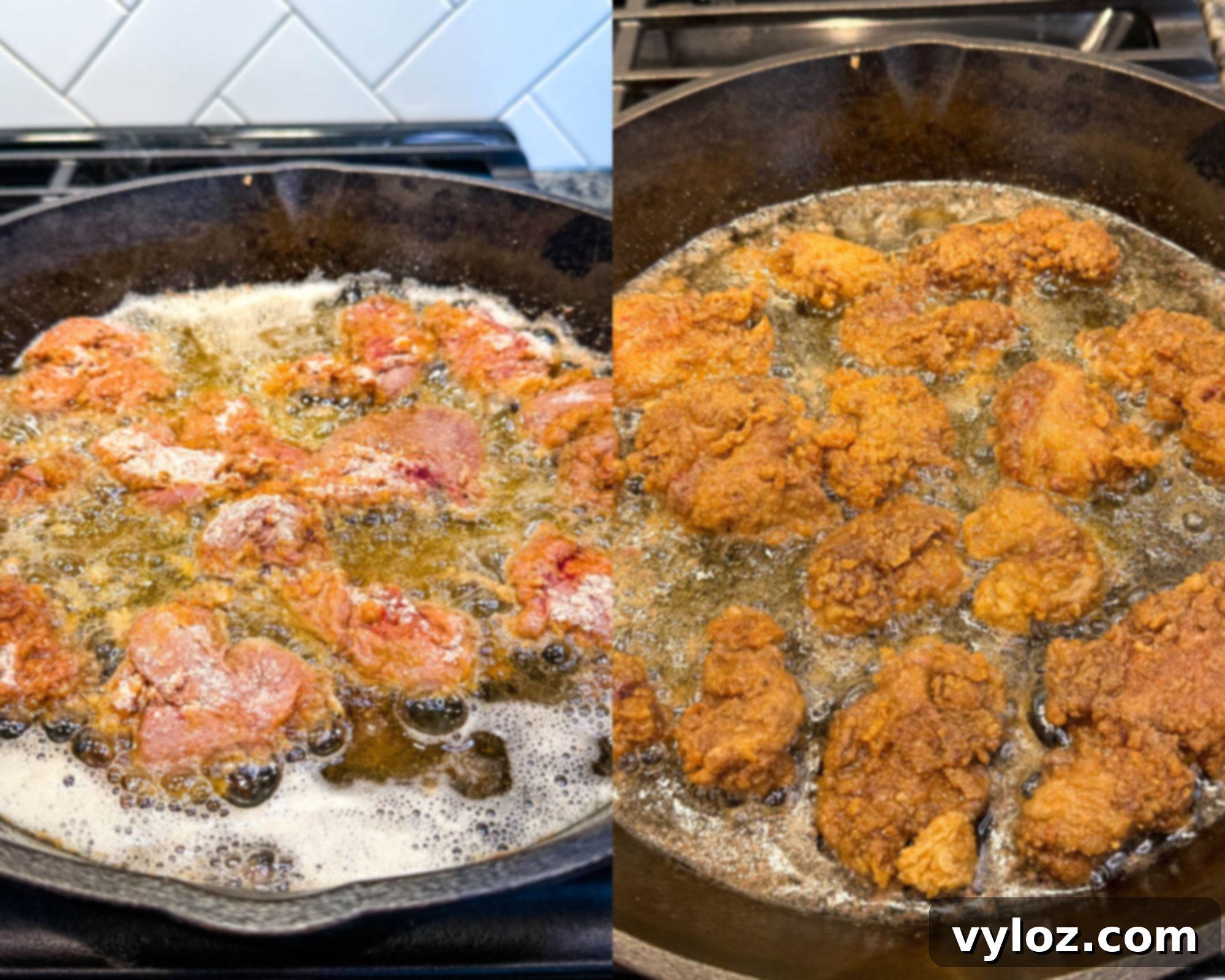 Crispy Fried Chicken Livers 7 Side-by-side photos of chicken livers frying in hot oil, showing the raw breaded livers on the left and crisp golden brown livers on the right.