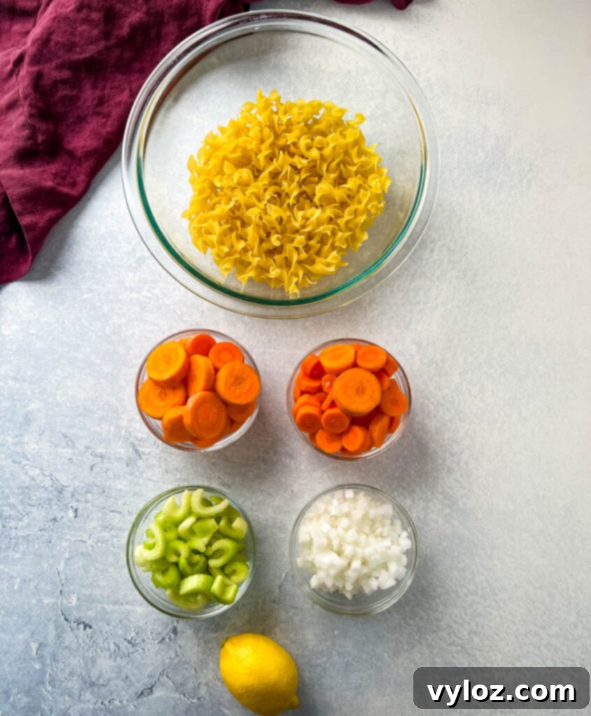 Heartwarming Chicken Noodle Soup 3 Fresh egg noodles, vibrant carrots, crisp celery, fragrant onions, and a zesty lemon arranged on a clean surface, ready for making homestyle chicken noodle soup.