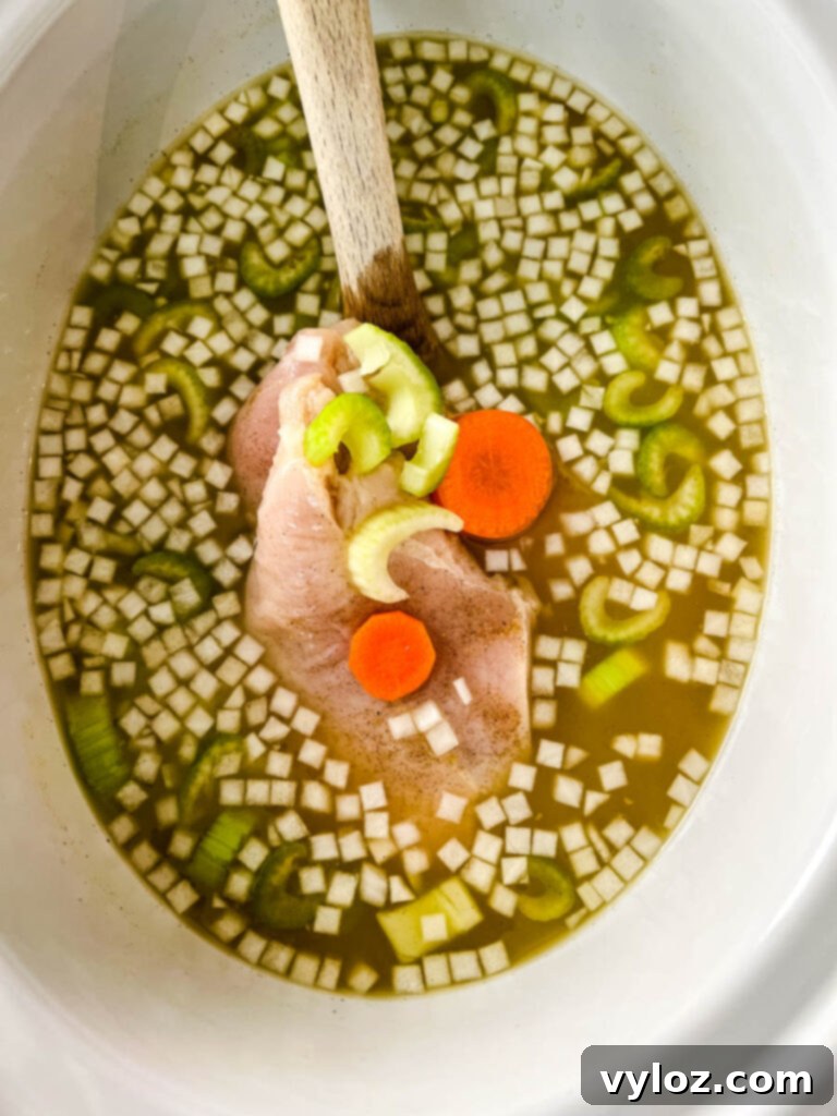 Heartwarming Chicken Noodle Soup 6 Uncooked ingredients for chicken noodle soup, including chicken, vegetables, and broth, ready to be slow-cooked in a pot.