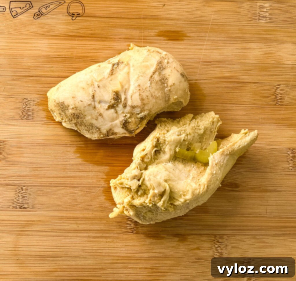 Heartwarming Chicken Noodle Soup 7 Perfectly cooked chicken breasts, removed from the soup, resting on a wooden cutting board, ready for shredding.