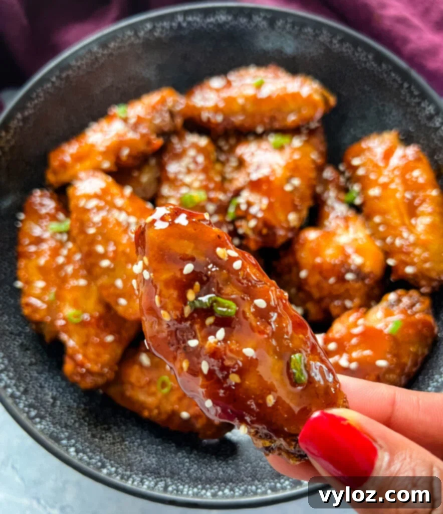 Sticky Honey Garlic Wings 12 person holding honey garlic chicken wing