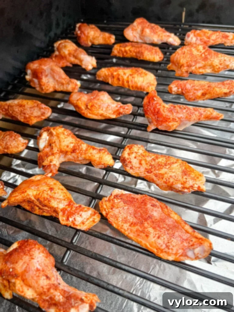 raw chicken wings on a Traeger smoker pellet grill
