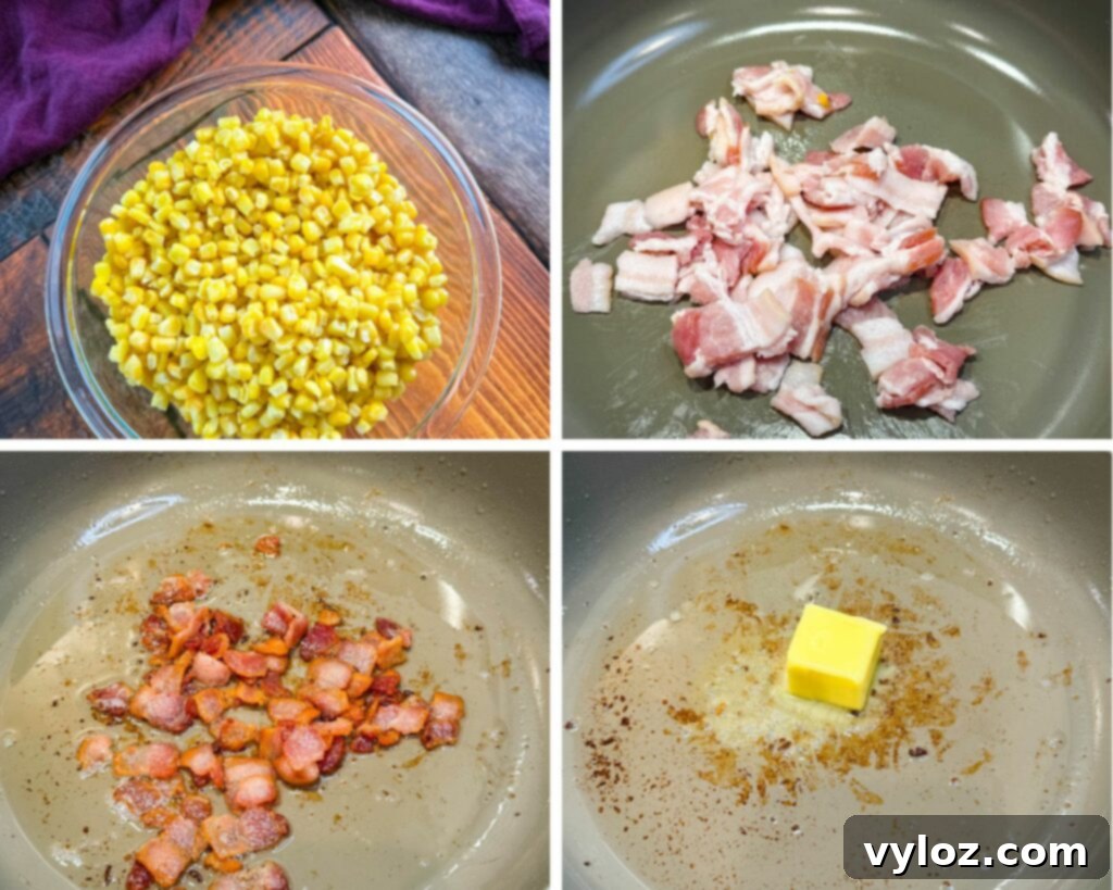 Collage of four photos showing the initial steps of making creamed corn: corn in a bowl, bacon cooking, butter melting, and flour being added to drippings.
