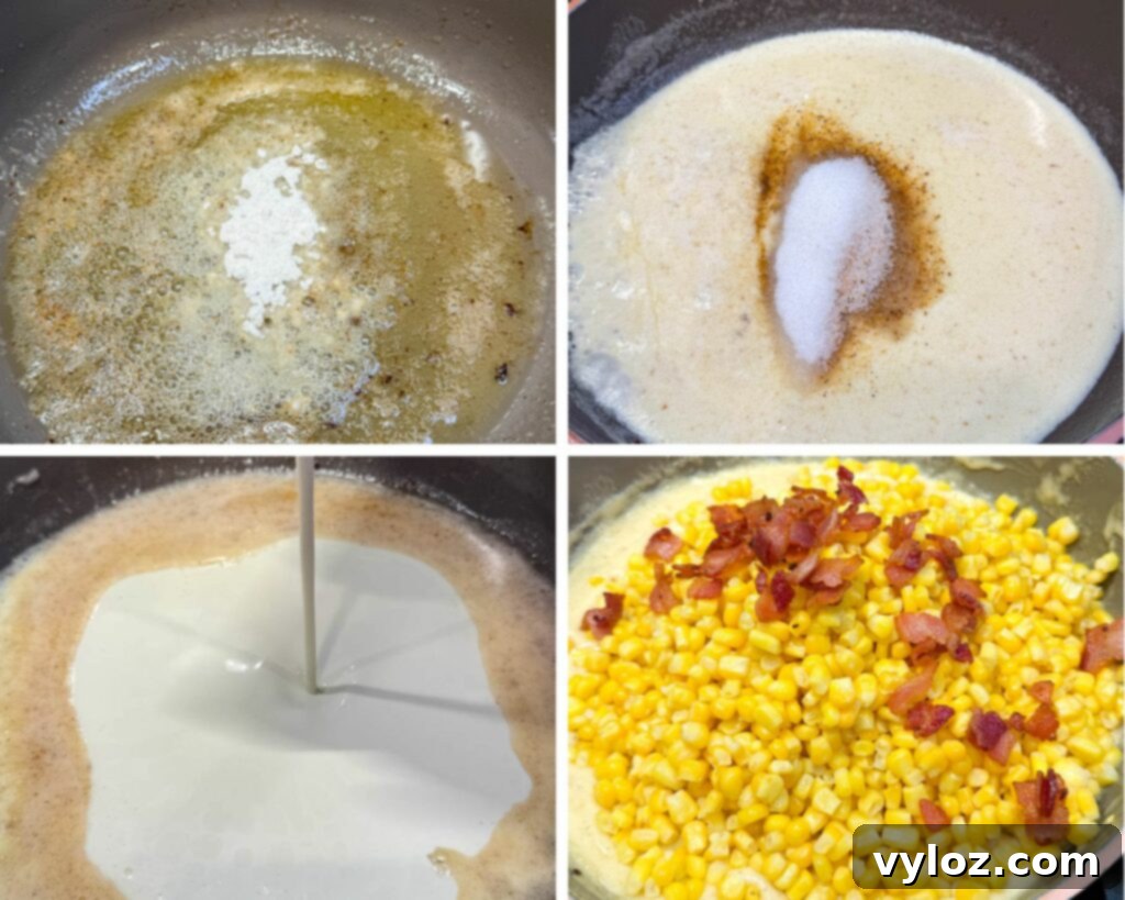 Collage of four photos illustrating the process of making creamed corn: butter and flour for roux, heavy cream added, corn stirred in, and crispy bacon mixed.